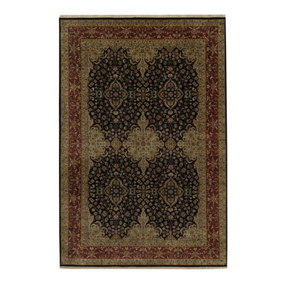 6'X9'1" Black Kishoon Revival New Zealand Wool Hand Knotted Oriental Rug