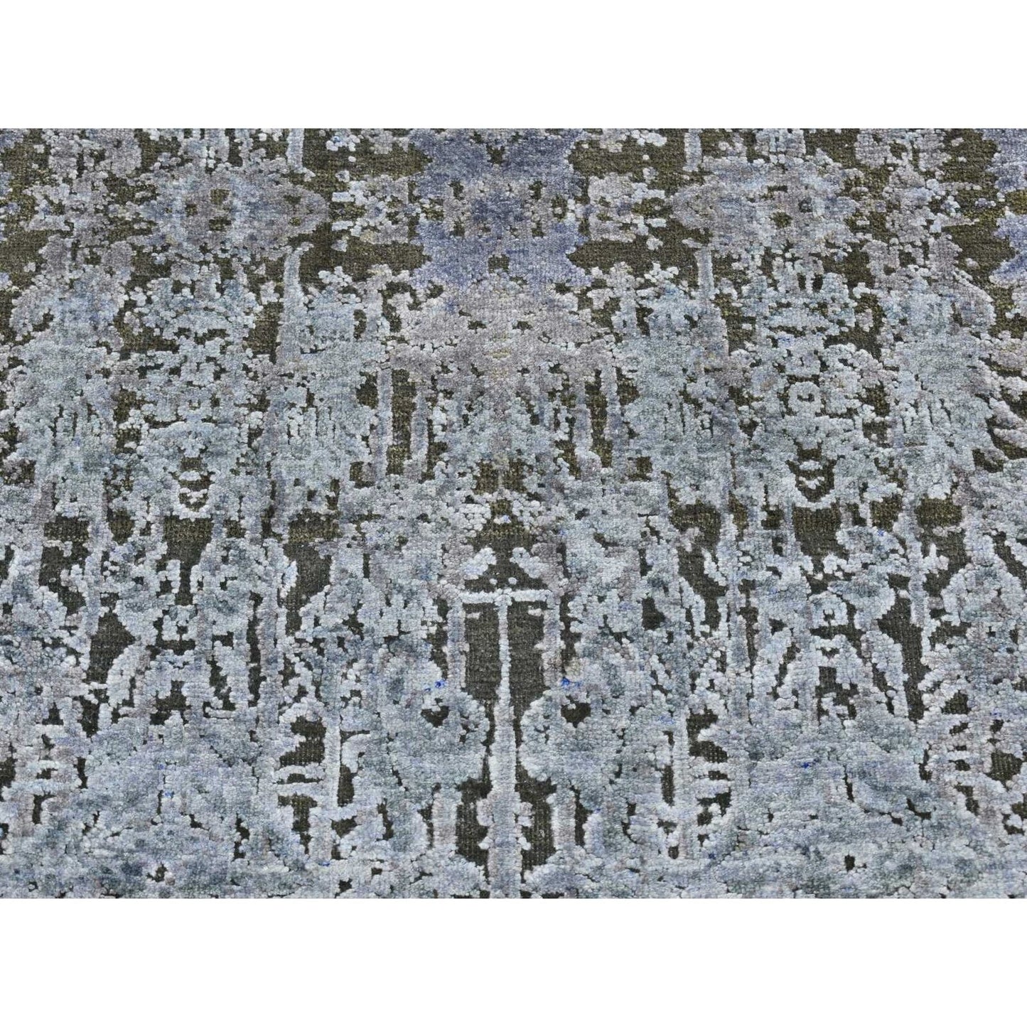 2'6"X10' Gray Silk With Wool Hand Knotted Erased Design Runner Rug