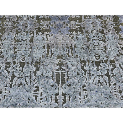 2'6"X10' Gray Silk With Wool Hand Knotted Erased Design Runner Rug