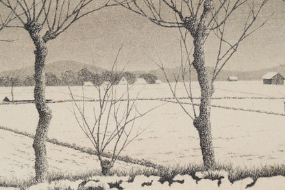 Tanaka Ryohei Rice Ear Landscape Aquatint Print Framed with Autograph