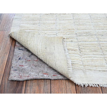 2'4"X3' Ivory Moroccan Weave With Squares Design Wool Hand Knotted Mat Rug