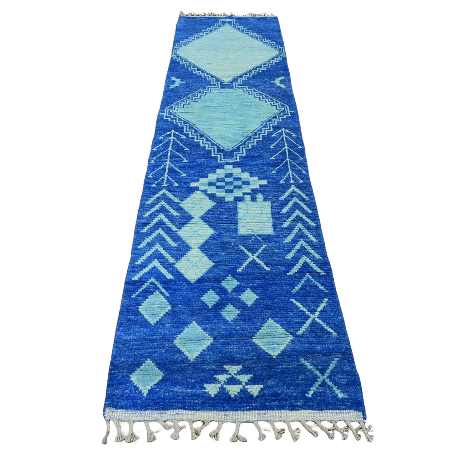 2'8"X10'5" Blue Geometric Moroccan Weave Wool Hand Knotted Runner Rug