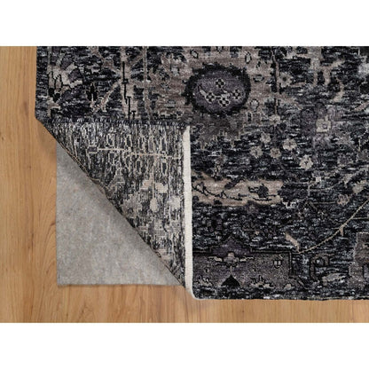 6'X8'10" Obsidian Black Wool And Silk Hand Knotted Sickle Leaf Design Rug