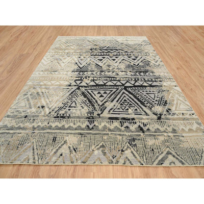 9'1"X12' Gray Erased Ethnic Geometric Design Wool Hand Knotted Rug
