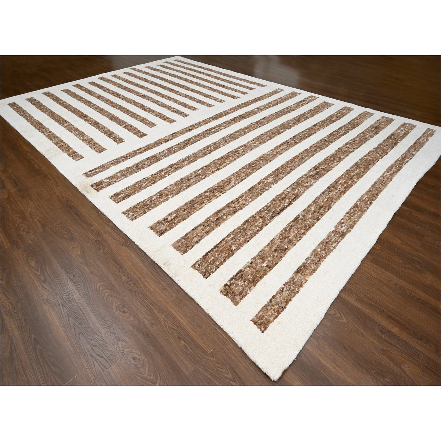 12'1"X17'9" Brown Wool Minimalist Stripe Design Hand Knotted Oriental Rug