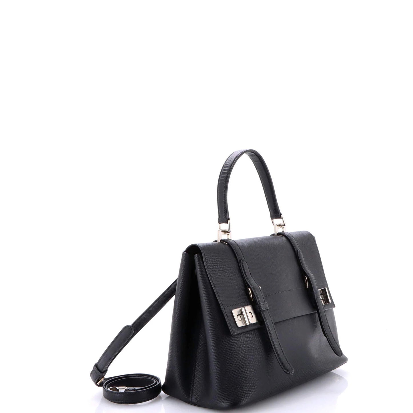 Prada Half Flap Double Turn Lock Satchel Saffiano Leather Medium