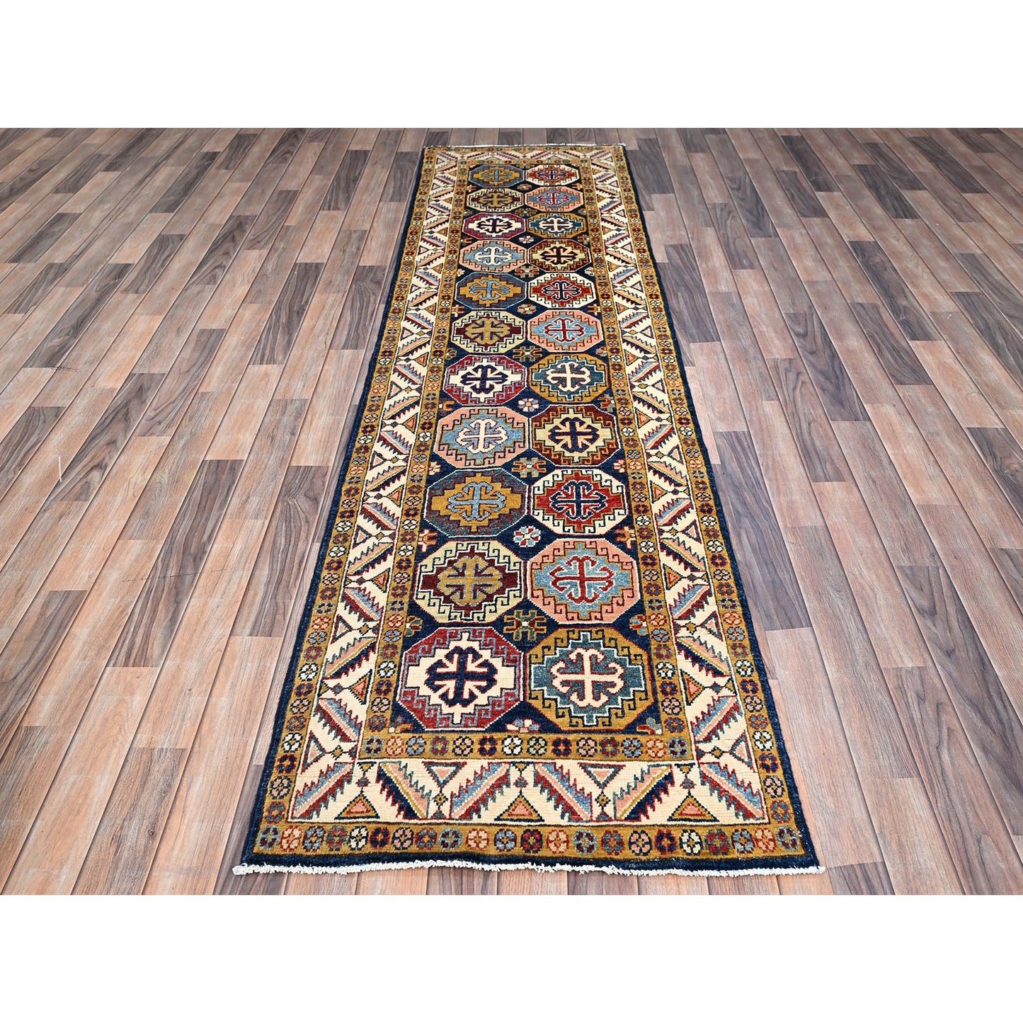 2'7"X9'6" Blue Afghan Special Kazak Hand Knotted Wool Wide Runner Rug