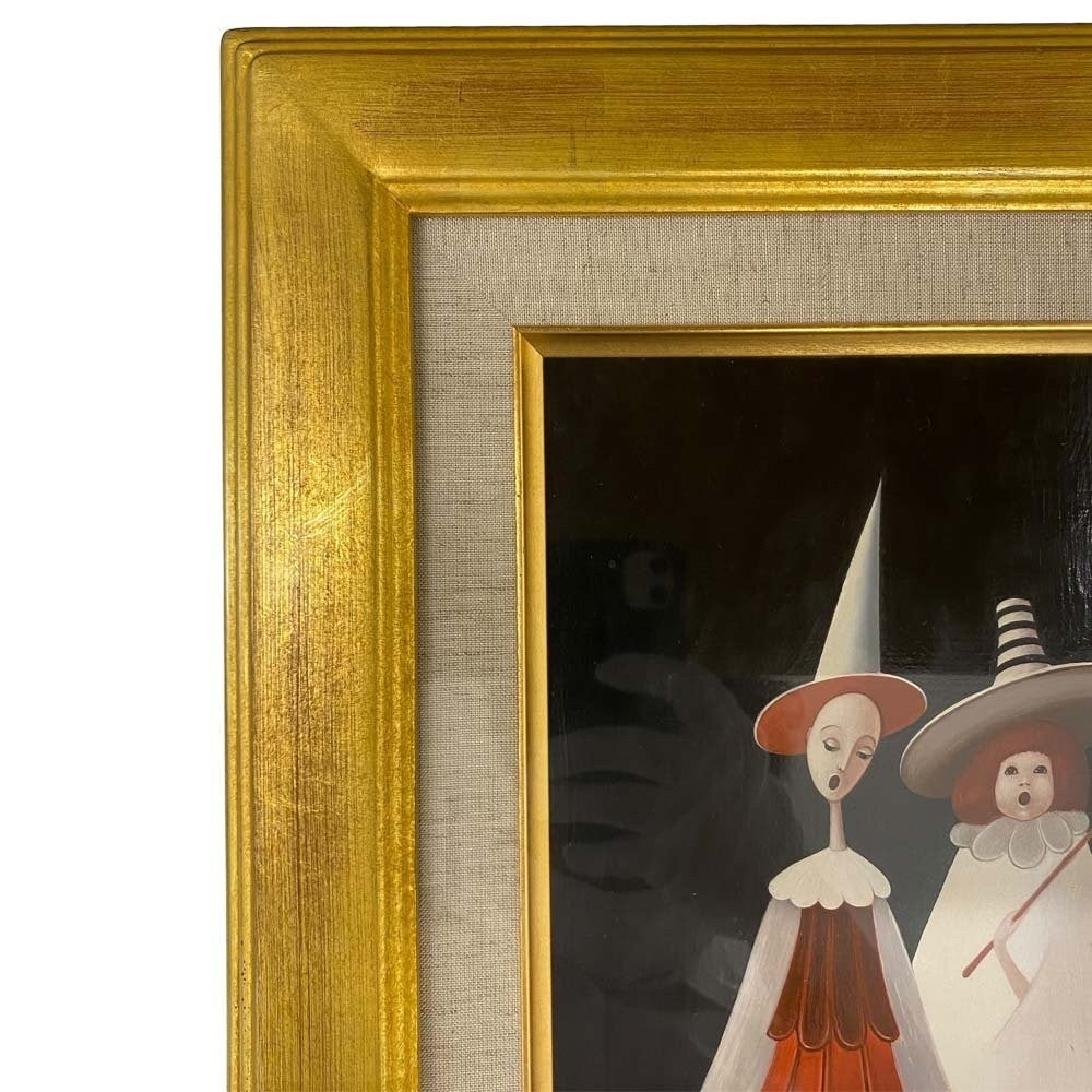 Clowns Painting Oil Duda Bozena Framed Pierrot Polish Naive Art 1989