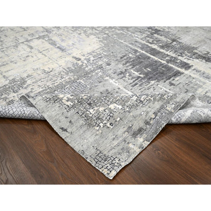 12'X12' Gray Abstract Design Wool And Silk Hand Knotted Square Rug