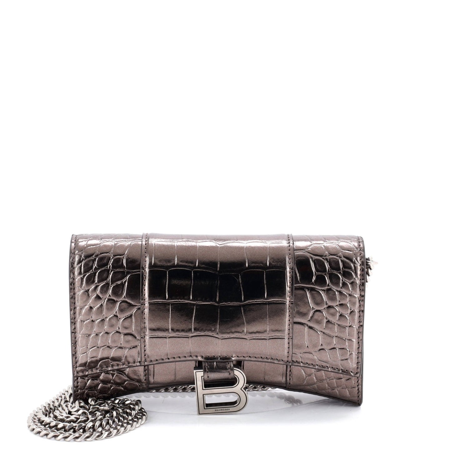 Balenciaga Hourglass Chain Wallet Crocodile Embossed Leather
