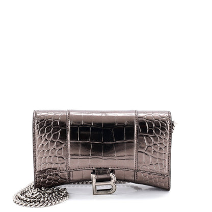Balenciaga Hourglass Chain Wallet Crocodile Embossed Leather