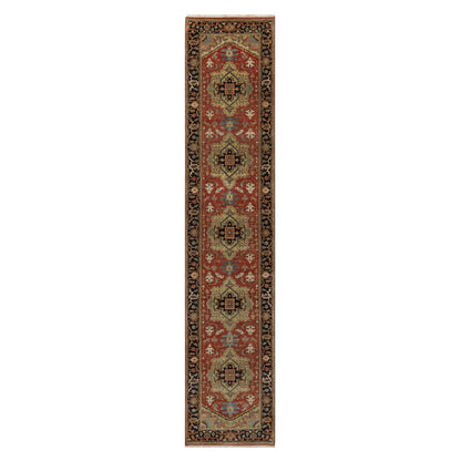2'6"X12'2" Red Hand Knotted Antiqued Heris Revival Pure Wool Runner Rug