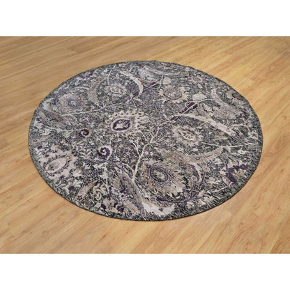 8'X8' Brown Hand Knotted Wool And Silk Sickle Leaf Round Oriental Rug