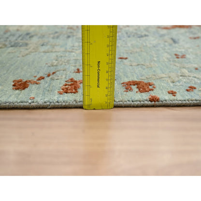 9'X12'3" Green With Beige Abstract Design Pure Wool Hand Knotted Rug