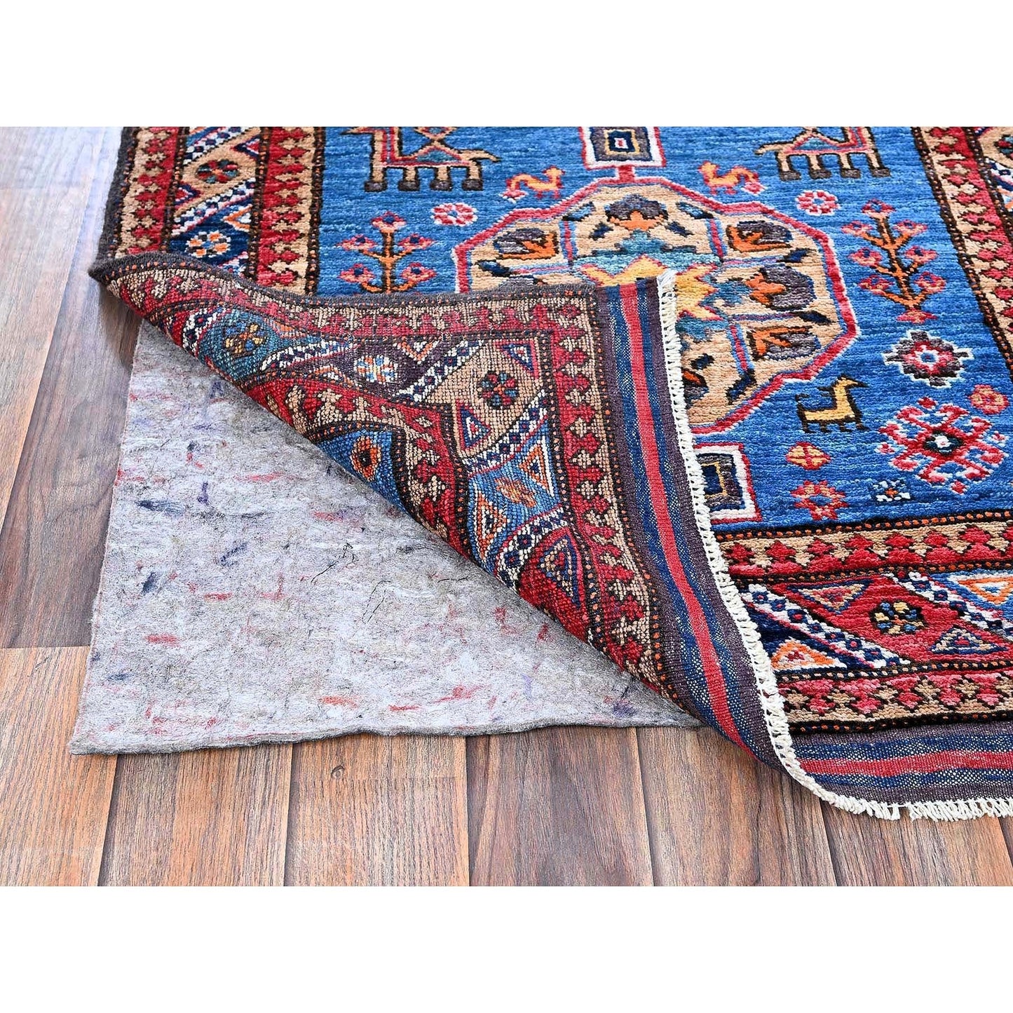 2'8"X9'7" Blue Afghan Caucasian Design Revival Wool Hand Knotted Runner Rug