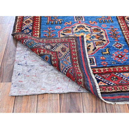 2'8"X9'7" Blue Afghan Caucasian Design Revival Wool Hand Knotted Runner Rug