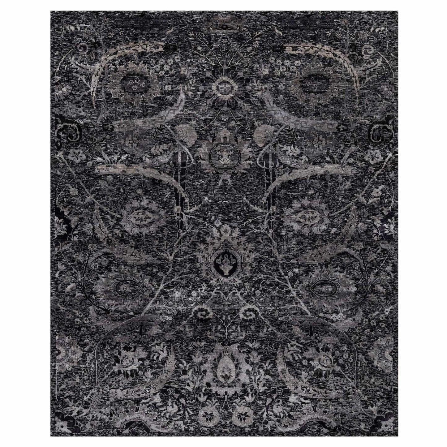 8'1"X10' Black Lush And Plush Hand Knotted Leaf Design Wool And Silk Rug
