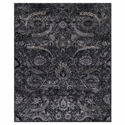 8'1"X10' Black Lush And Plush Hand Knotted Leaf Design Wool And Silk Rug