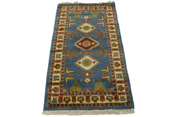 Kazak Oriental Rug Blue Geometric Tribal Style