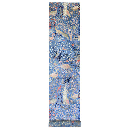 3'X21'3" Blue Afghan Peshawar Birds Design Hand Knotted Wool Runner Rug