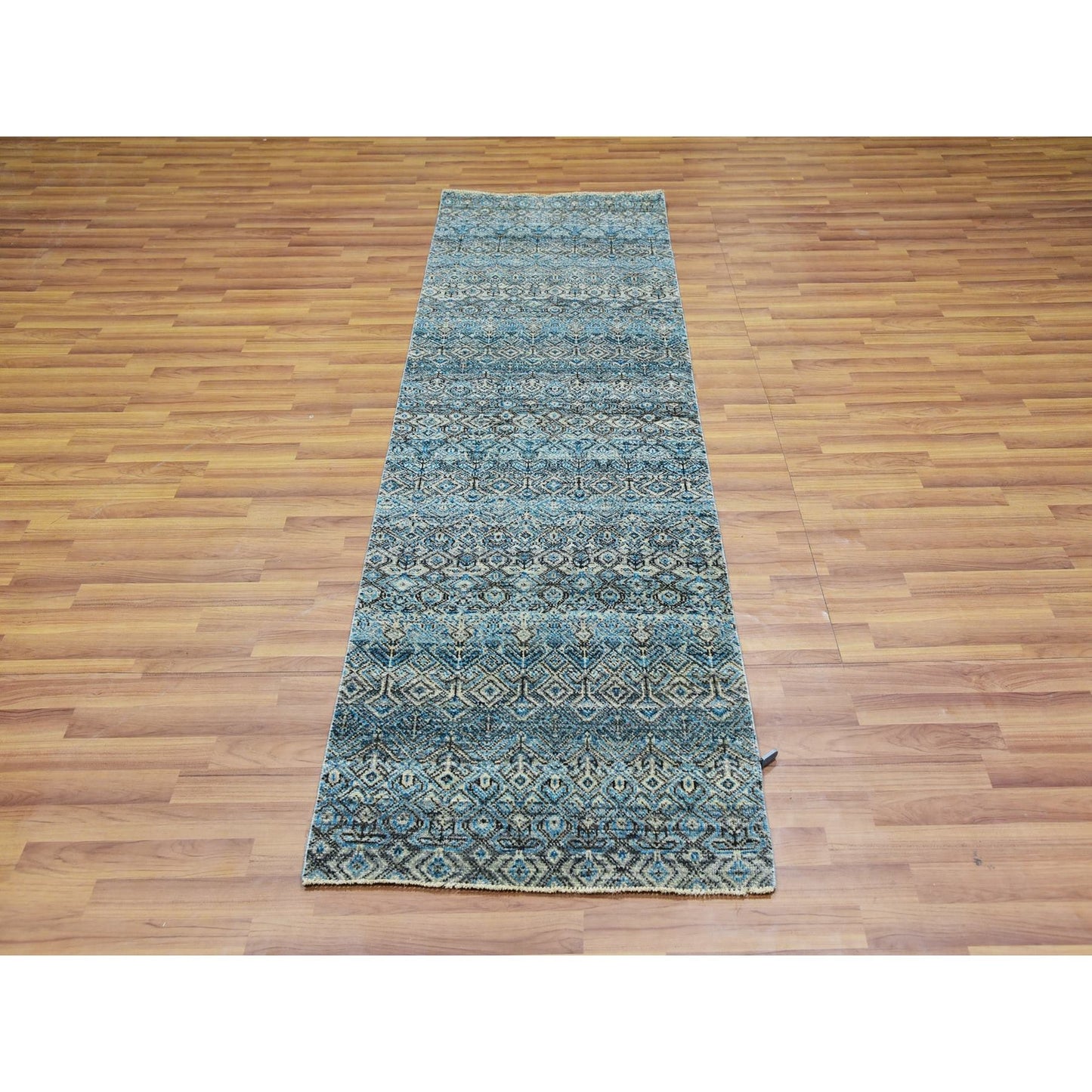 Rug 2'6"x8' Blue Hand Knotted Kohinoor Herrita Diamond Shape Wool Runner