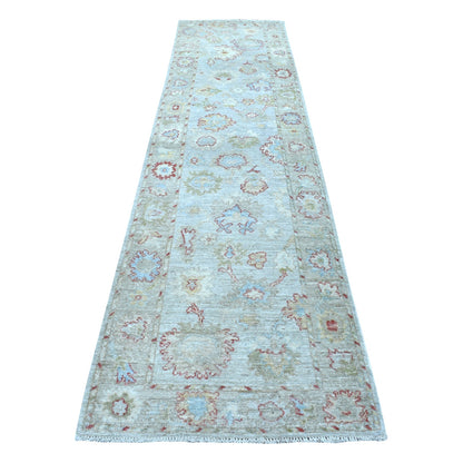 2'10"X11'8" Hand Knotted Gray Angora Oushak With Floral Motifs Wool Rug