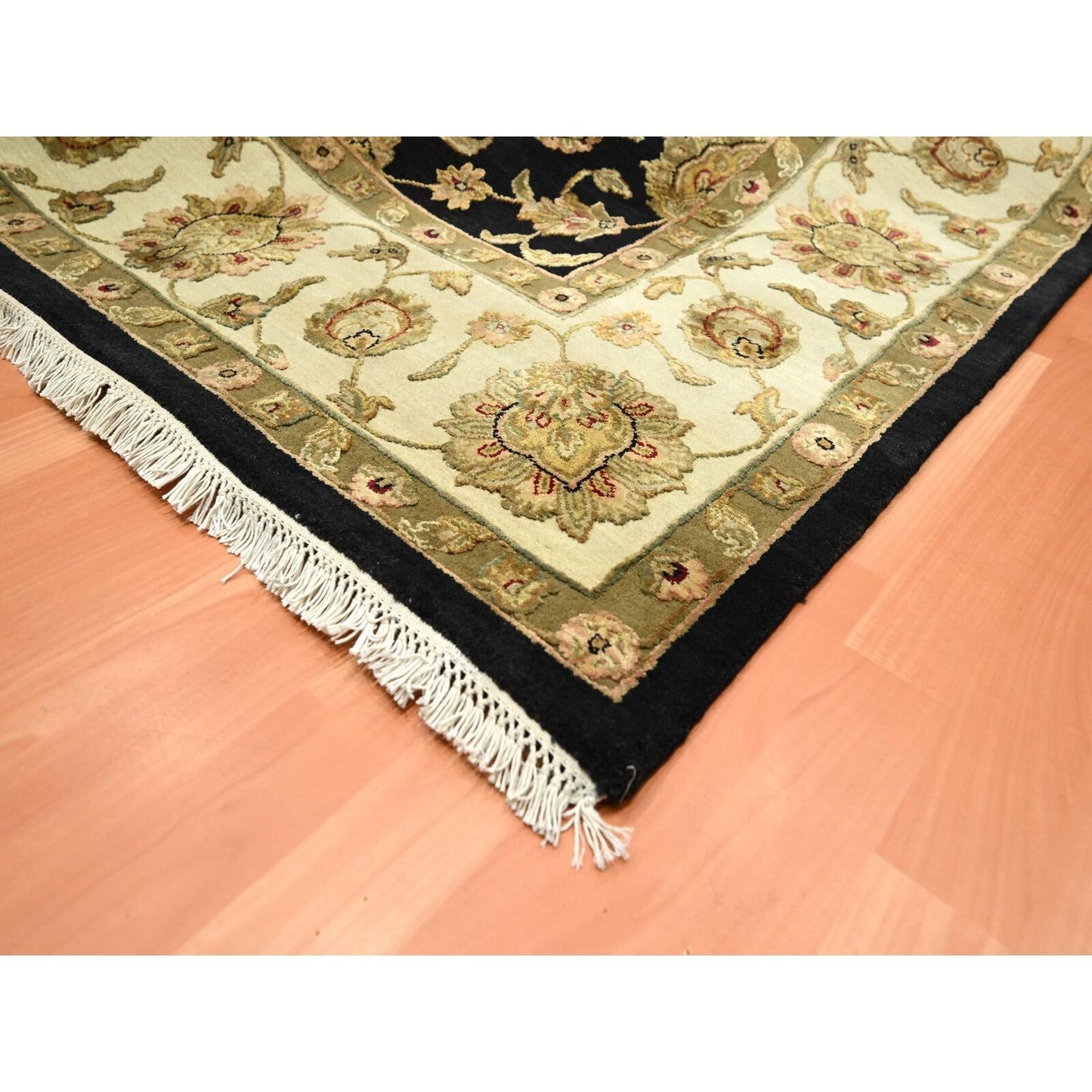 7'9"X10' Black Wool And Silk Hand Knotted Rajasthan All Over Design Rug