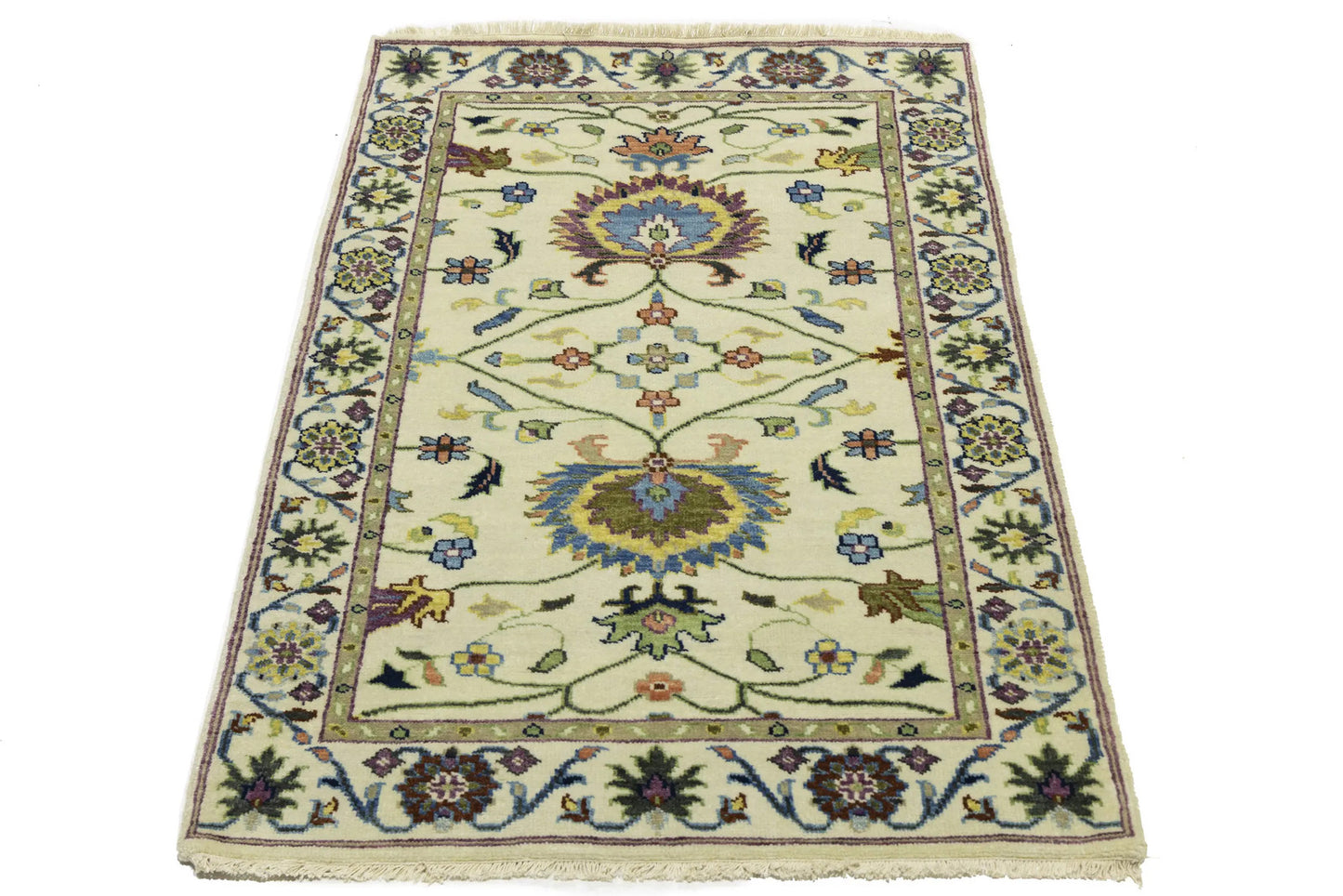 Handmade cream floral design oushak chobi rug small oriental size carpet