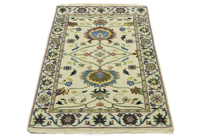 Handmade cream floral design oushak chobi rug small oriental size carpet