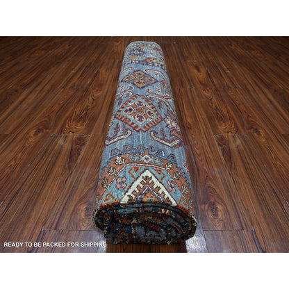 8'X9'6" Slate Gray Hand Knotted Geometric Super Kazak Wool Oriental Rug