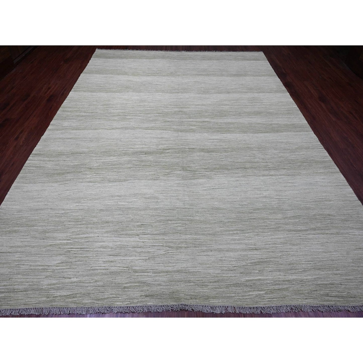 9'1"X12' Laurel Green Solid Design Flat Weave Hand Spun Wool Oriental Rug