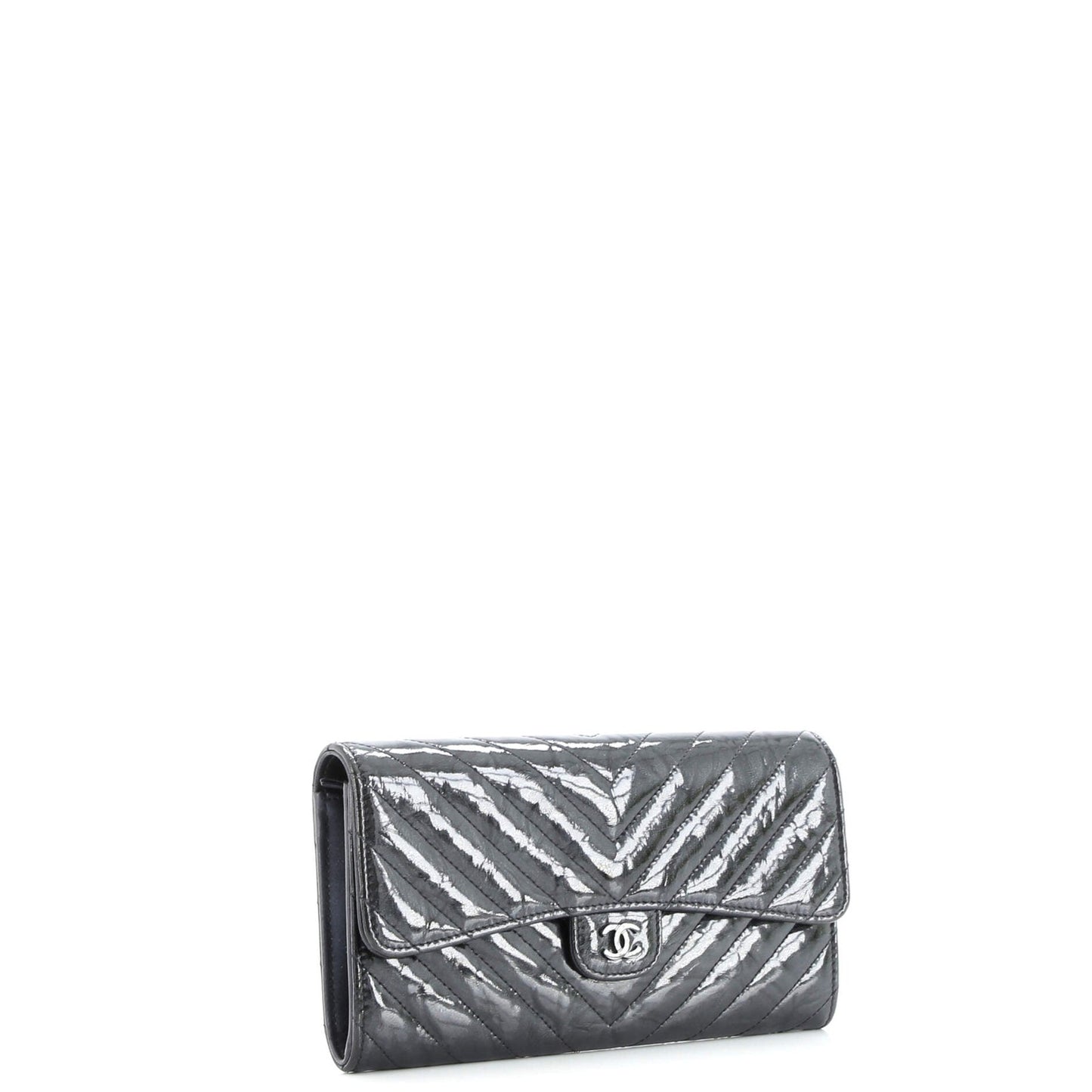 Chanel So Black Cc Gusset Classic Flap Wallet Chevron Crumpled Metallic Patent