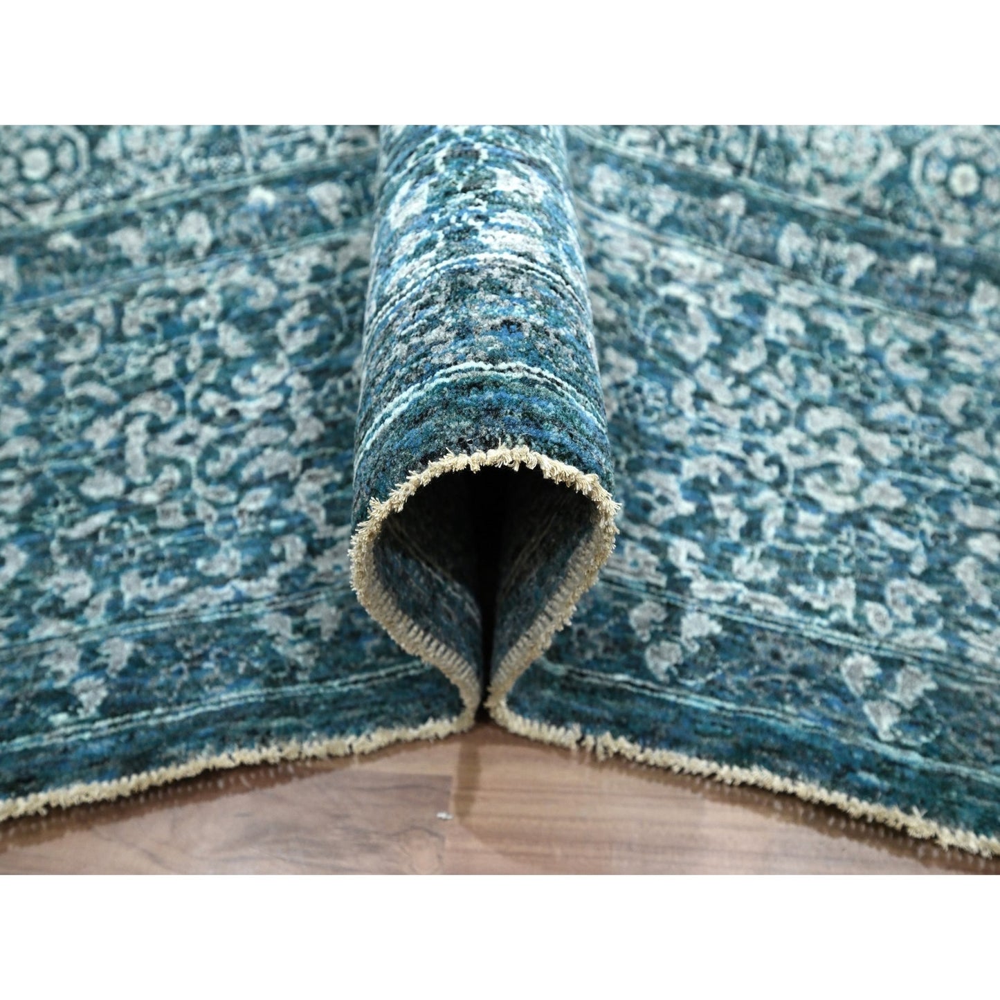 9'X12'1" Teal Pre Historic Mamluk Design Hand Knotted Wool Oriental Rug