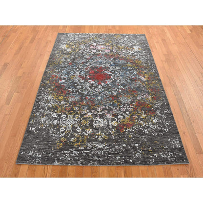 6'1"X9'2" Black Transitional Agra Design Wool And Silk Hand Knotted Rug