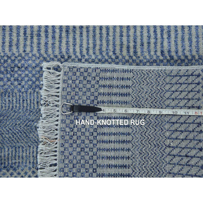 2'6"X9'10" Blue Hand Knotted Modern Grass Design Wool And Silk Runner Rug