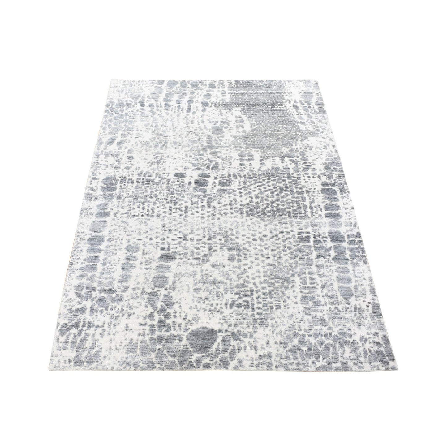 4'X6' Ivory Modern Design Hand Knotted Silk With Textured Wool Rug