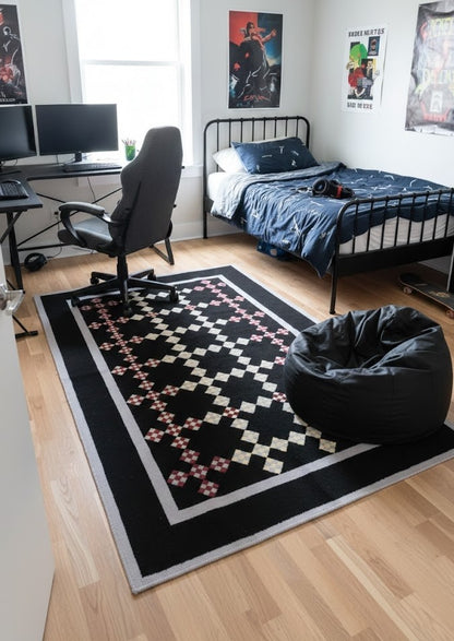 Black floral dhurrie wool rug flat weave reversible oriental carpet