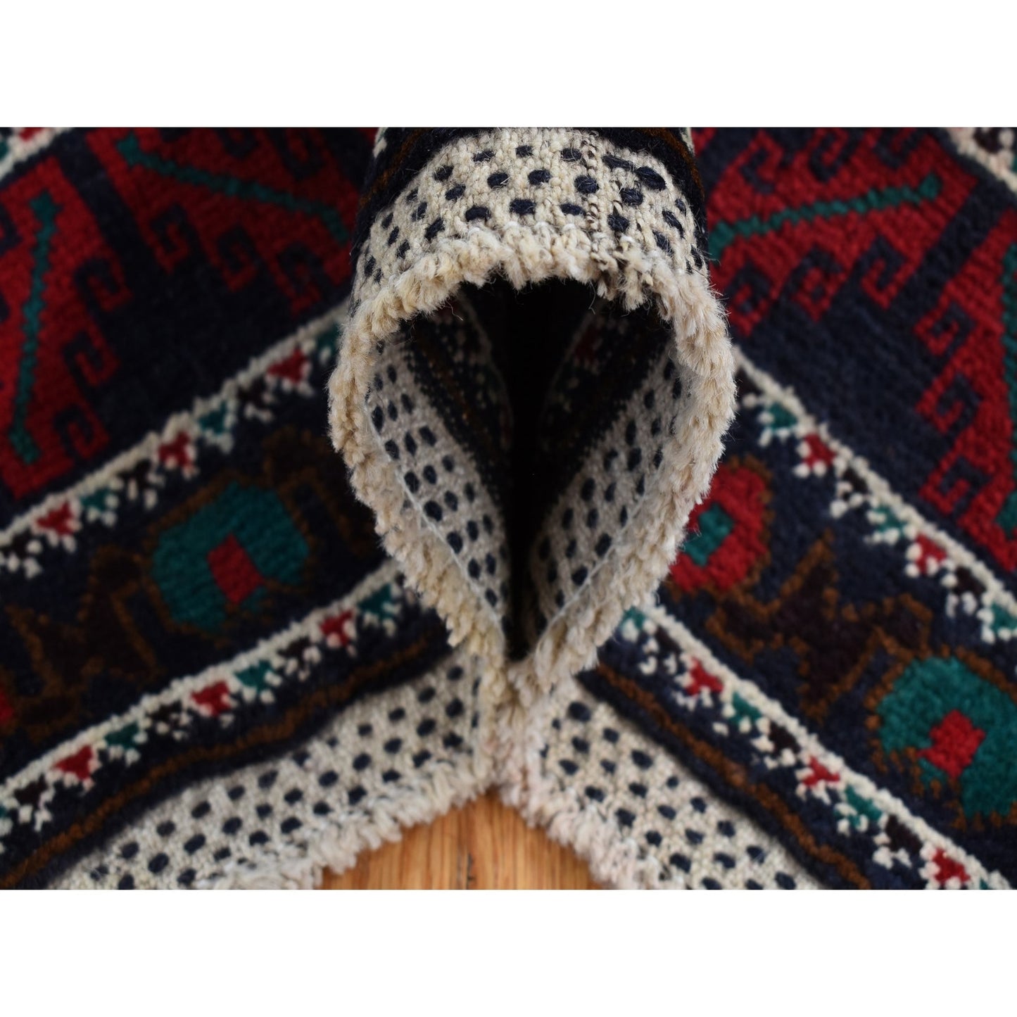 3'10"X6'9" Yankees Blue Afghan Balooch Design Pure Wool Hand Knotted Rug