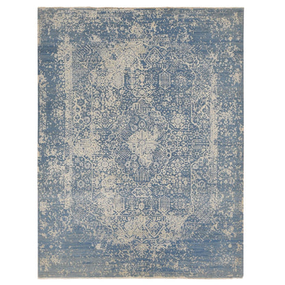 9'2"X12'1" Blue Broken Zoroastrian Design Wool And Silk Hand Knotted Rug