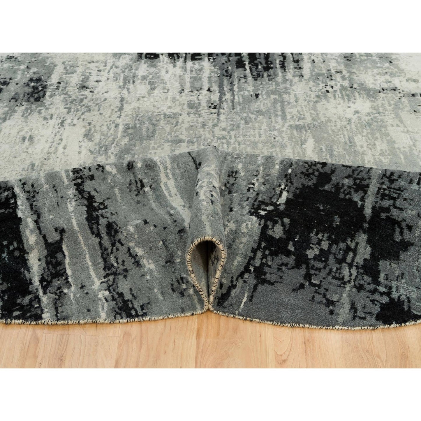 10'X10' Obsidian Black Hand Knotted Abstract Wool And Silk Round Rug