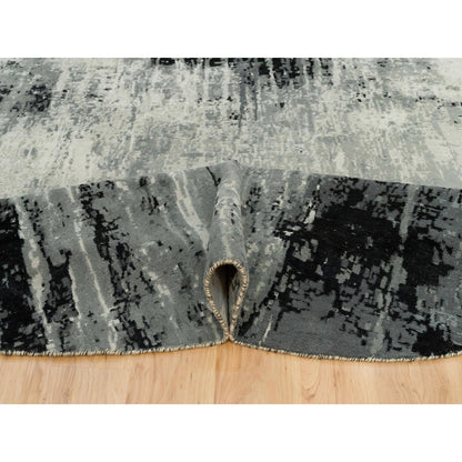 10'X10' Obsidian Black Hand Knotted Abstract Wool And Silk Round Rug