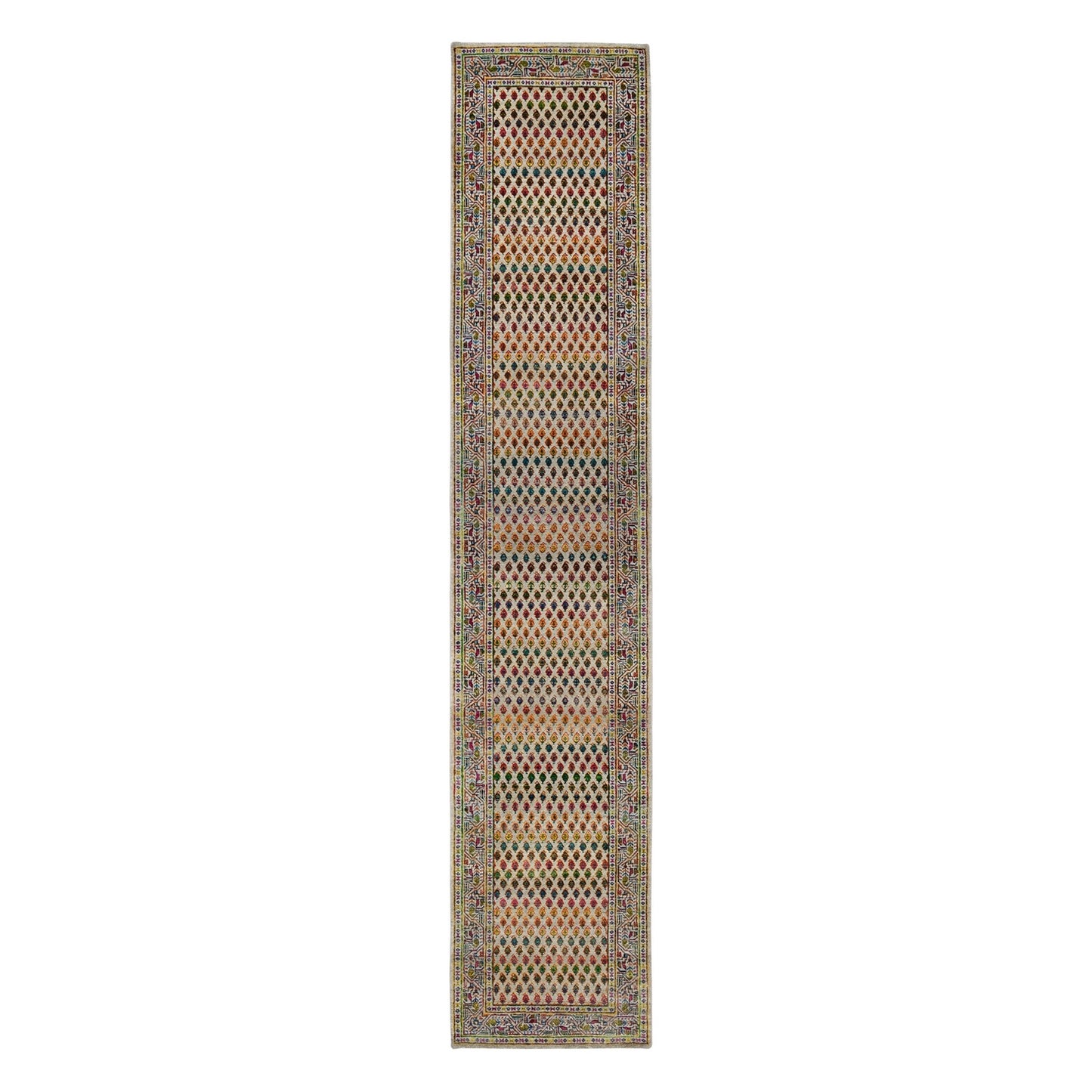 2'5"X12' Beige Saroogh Wool And Sari Silk Hand Knotted Runner Rug