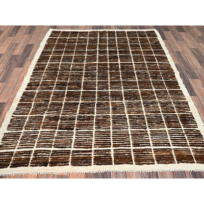 4'10"X6'4" Brown Moroccan Weave Grid Design Hand Knotted Natural Wool Rug