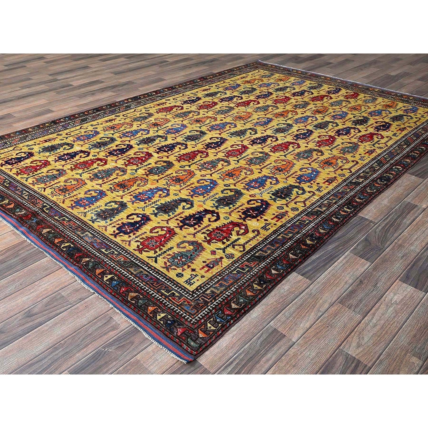 6'1"X8'10" Yellow Afghan Caucasian Design Revival Hand Knotted All Wool Rug