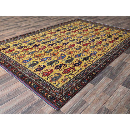 6'1"X8'10" Yellow Afghan Caucasian Design Revival Hand Knotted All Wool Rug