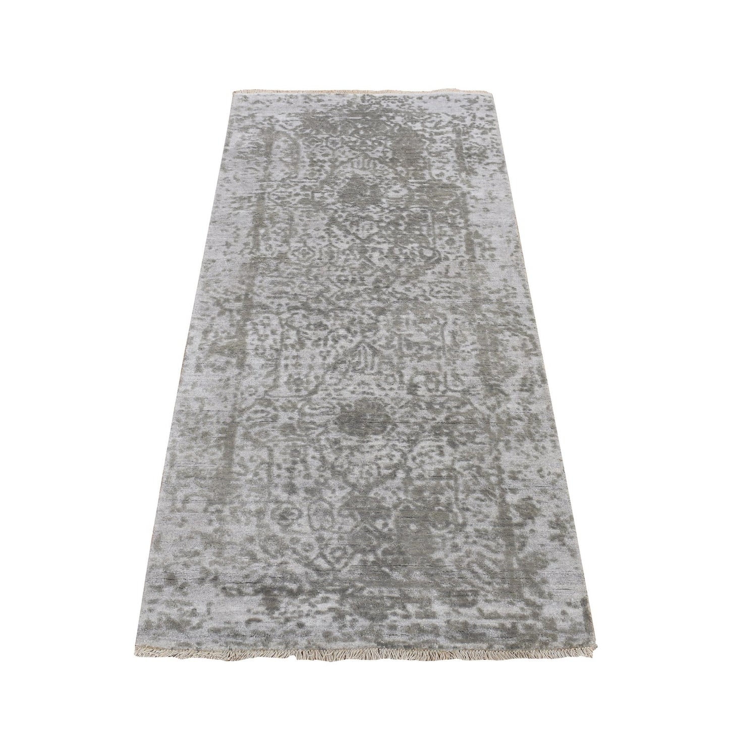 2'7"X6' Gray Hand Knotted Broken Wool And Silk Zoroastrian Design Rug