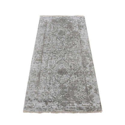 2'7"X6' Gray Hand Knotted Broken Wool And Silk Zoroastrian Design Rug