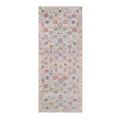 4'1"X10'3" Ivory Tebraz Silk With Textured Wool Hand Knotted Runner Rug