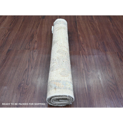 2'2"X3' White Hand Knotted Afghan Angora Oushak Leaf Pattern Wool Mat Rug