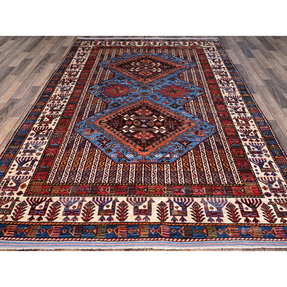 5'10"X9' Azure Blue Hand Knotted Shiny Wool Turkish Knot Striped Rug